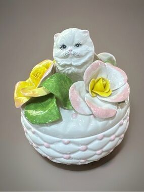 White Ceramic Cat Trinket Box with Pink & Yellow Flowers